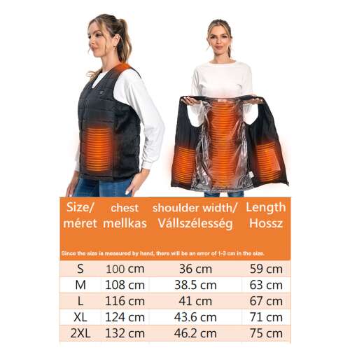 női fűthető mellény, fűtőzónákkal és mérettáblázattal