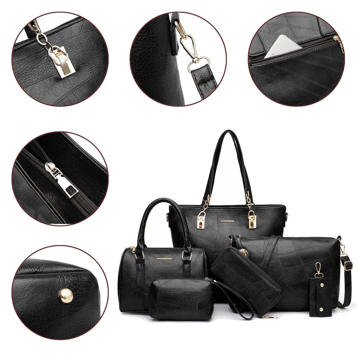 Dollcini Women's Handbag Set – 6-Piece Elegant Faux Leather Bag Set