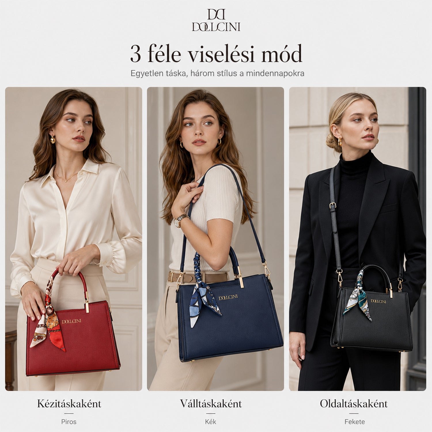 női műbőr crossbody táska, három viselési módot bemutató infografikán