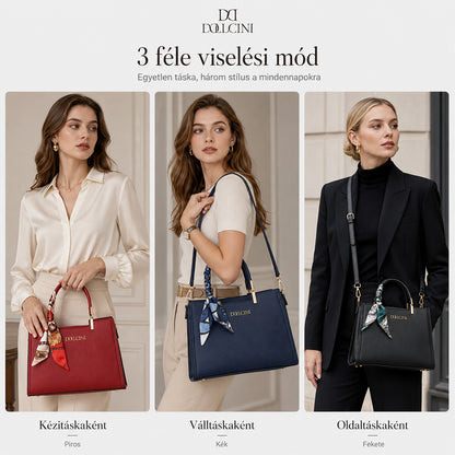 női műbőr crossbody táska, három viselési módot bemutató infografikán