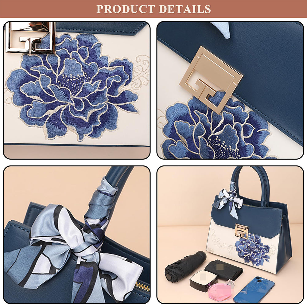 Dollcini Hímzett Női Válltáska (Sállal) - Elegáns Műbőr Kézitáska, Kék vagy Piros