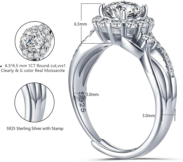 Dollcini 1 Karátos Moissanite Gyűrű - 925 Ezüst, GRA Tanúsítvánnyal