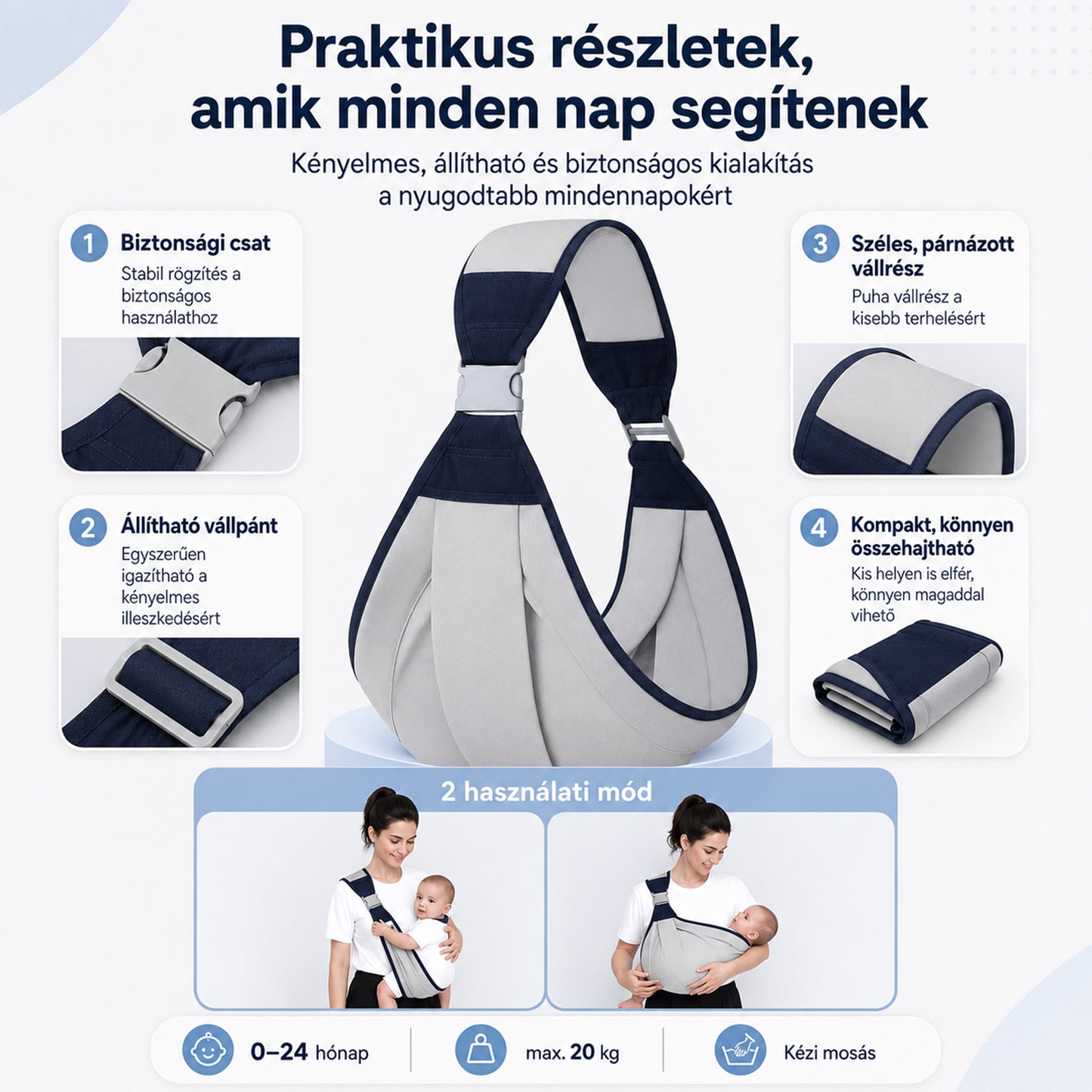 Dollcini Állítható Baba Hordozókendő – Szürke, 0–24 hó, max. 20 kg