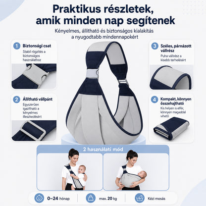 Dollcini Állítható Baba Hordozókendő – Szürke, 0–24 hó, max. 20 kg