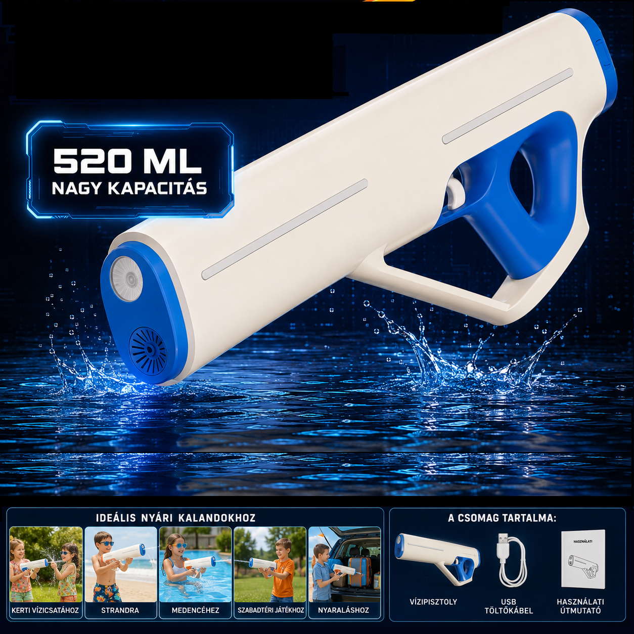 Dollcini Automatic Electric Water Gun – USB Rechargeable, LED Light, 510 ml