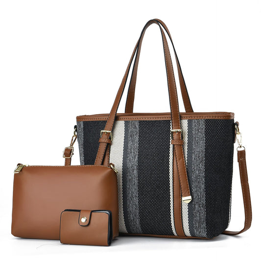 Dollcini fekete-szürke csíkos nagy méretű nylon tote kézitáska szett, neszesszerrel és kártyatartóval